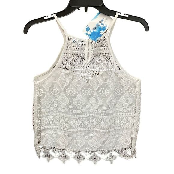 Rebellion Lace Top Button Keyhole Back Closure White Scalloped Hem Large - Picture 2 of 9